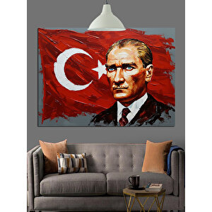 Türk Bayrağı Önünde Atatürk Dekoratif Kanvas - Mdf Ahşap Tablo 70x100 cm