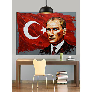 Türk Bayrağı Önünde Atatürk Dekoratif Kanvas - Mdf Ahşap Tablo