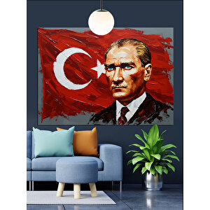 Türk Bayrağı Önünde Atatürk Dekoratif Kanvas - Mdf Ahşap Tablo