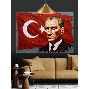 Türk Bayrağı Önünde Atatürk Dekoratif Kanvas - Mdf Ahşap Tablo 35x50 cm