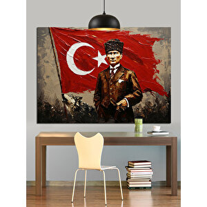 Türk Bayrağı Önünde Atatürk Dekoratif Kanvas - Mdf Ahşap Tablo 50x70 cm