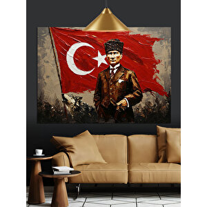 Türk Bayrağı Önünde Atatürk Dekoratif Kanvas - Mdf Ahşap Tablo 50x70 cm