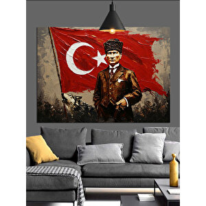 Türk Bayrağı Önünde Atatürk Dekoratif Kanvas - Mdf Ahşap Tablo