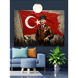 Türk Bayrağı Önünde Atatürk Dekoratif Kanvas - Mdf Ahşap Tablo 35x50 cm