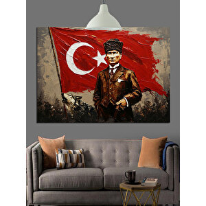 Türk Bayrağı Önünde Atatürk Dekoratif Kanvas - Mdf Ahşap Tablo