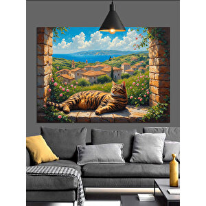 Pencerede  Yatan Kedi Manzarası Dekoratif Kanvas - Mdf Ahşap Tablo