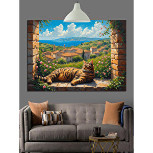 Pencerede  Yatan Kedi Manzarası Dekoratif Kanvas - Mdf Ahşap Tablo