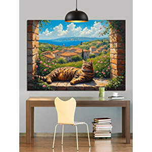 Pencerede  Yatan Kedi Manzarası Dekoratif Kanvas - Mdf Ahşap Tablo 50x70 cm