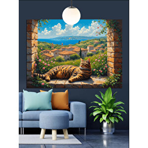 Pencerede  Yatan Kedi Manzarası Dekoratif Kanvas - Mdf Ahşap Tablo 50x70 cm