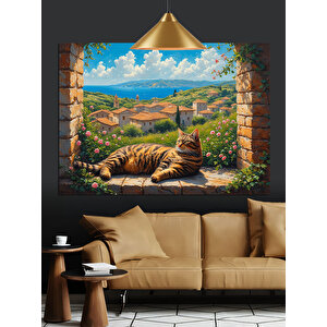 Pencerede  Yatan Kedi Manzarası Dekoratif Kanvas - Mdf Ahşap Tablo 70x100 cm
