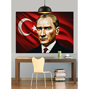 Bayrak Önünde Atatürk Portresi Dekoratif Kanvas - Mdf Ahşap Tablo 25x35 cm
