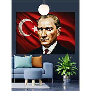 Bayrak Önünde Atatürk Portresi Dekoratif Kanvas - Mdf Ahşap Tablo