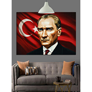 Bayrak Önünde Atatürk Portresi Dekoratif Kanvas - Mdf Ahşap Tablo 70x100 cm