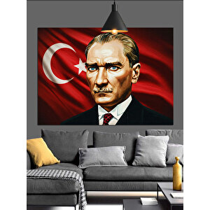 Bayrak Önünde Atatürk Portresi Dekoratif Kanvas - Mdf Ahşap Tablo 35x50 cm