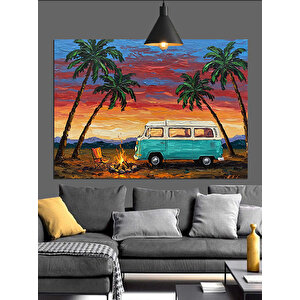 Palmiye Günbatımı Minibüs Dekoratif Kanvas - Mdf Ahşap Tablo