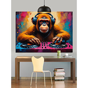 Dj Kulaklıklı Maymun Çizimi Dekoratif Kanvas - Mdf Ahşap Tablo