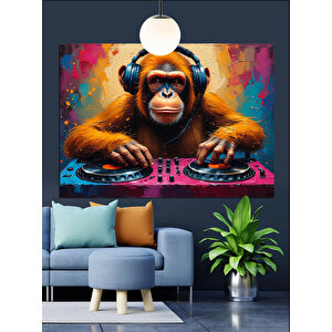 Dj Kulaklıklı Maymun Çizimi Dekoratif Kanvas - Mdf Ahşap Tablo 70x100 cm