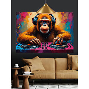Dj Kulaklıklı Maymun Çizimi Dekoratif Kanvas - Mdf Ahşap Tablo 70x100 cm