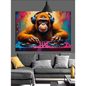 Dj Kulaklıklı Maymun Çizimi Dekoratif Kanvas - Mdf Ahşap Tablo 70x100 cm