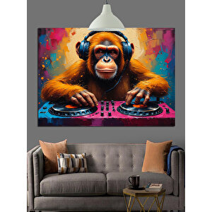 Dj Kulaklıklı Maymun Çizimi Dekoratif Kanvas - Mdf Ahşap Tablo