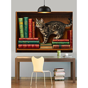 Kitaplık Üzerinde Oynayan Kedi Dekoratif Kanvas - Mdf Ahşap Tablo 70x100 cm