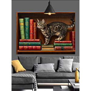 Kitaplık Üzerinde Oynayan Kedi Dekoratif Kanvas - Mdf Ahşap Tablo 70x100 cm