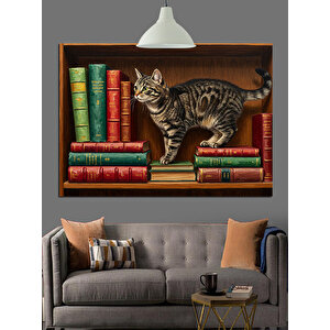 Kitaplık Üzerinde Oynayan Kedi Dekoratif Kanvas - Mdf Ahşap Tablo 70x100 cm