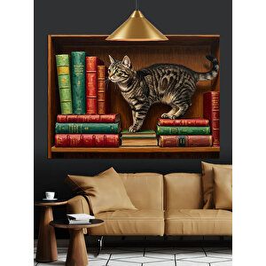 Kitaplık Üzerinde Oynayan Kedi Dekoratif Kanvas - Mdf Ahşap Tablo