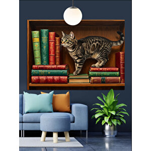 Kitaplık Üzerinde Oynayan Kedi Dekoratif Kanvas - Mdf Ahşap Tablo