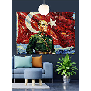 Atatürk Bayrak Portre Dekoratif Kanvas - Mdf Ahşap Tablo 35x50 cm