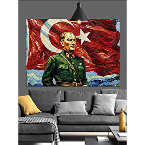 Atatürk Bayrak Portre Dekoratif Kanvas - Mdf Ahşap Tablo 35x50 cm