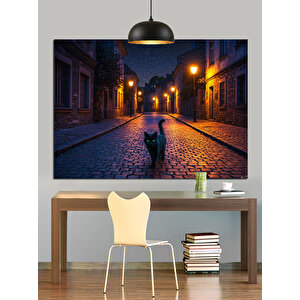 Gece Sokakta Kedi Dekoratif Kanvas - Mdf Ahşap Tablo 35x50 cm
