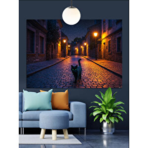 Gece Sokakta Kedi Dekoratif Kanvas - Mdf Ahşap Tablo