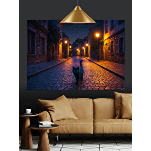 Gece Sokakta Kedi Dekoratif Kanvas - Mdf Ahşap Tablo