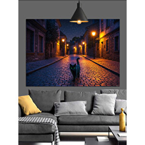 Gece Sokakta Kedi Dekoratif Kanvas - Mdf Ahşap Tablo 70x100 cm