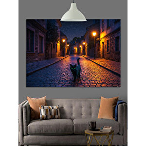 Gece Sokakta Kedi Dekoratif Kanvas - Mdf Ahşap Tablo 50x70 cm