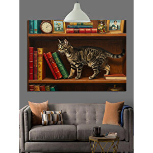 Kitaplık Üzerinde Küçük Kedi Dekoratif Kanvas - Mdf Ahşap Tablo 70x100 cm