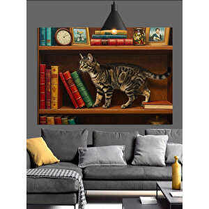 Kitaplık Üzerinde Küçük Kedi Dekoratif Kanvas - Mdf Ahşap Tablo 50x70 cm