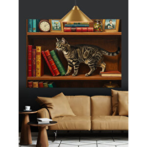 Kitaplık Üzerinde Küçük Kedi Dekoratif Kanvas - Mdf Ahşap Tablo 25x35 cm