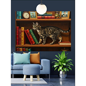 Kitaplık Üzerinde Küçük Kedi Dekoratif Kanvas - Mdf Ahşap Tablo