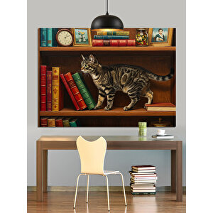 Kitaplık Üzerinde Küçük Kedi Dekoratif Kanvas - Mdf Ahşap Tablo