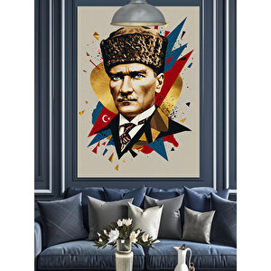 Geometrik Desenli Mustafa Kemal Atatürk Dekoratif Kanvas - Mdf Ahşap Tablo 70x100 cm