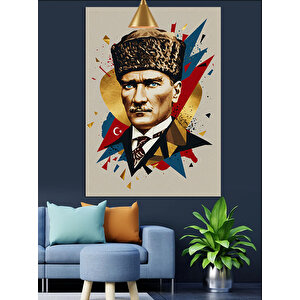 Geometrik Desenli Mustafa Kemal Atatürk Dekoratif Kanvas - Mdf Ahşap Tablo 70x100 cm
