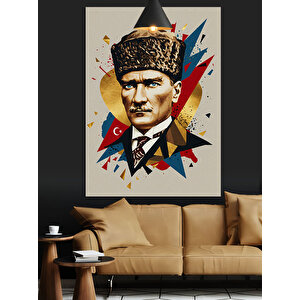Geometrik Desenli Mustafa Kemal Atatürk Dekoratif Kanvas - Mdf Ahşap Tablo