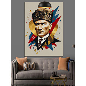 Geometrik Desenli Mustafa Kemal Atatürk Dekoratif Kanvas - Mdf Ahşap Tablo 50x70 cm