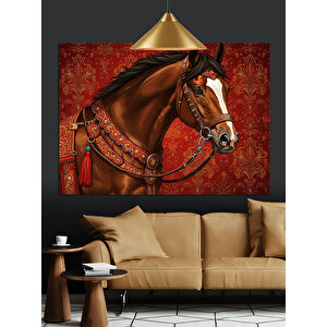 Süslü Eyerli Kahverengi At Dekoratif Kanvas - Mdf Ahşap Tablo 70x100 cm