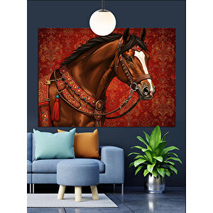 Süslü Eyerli Kahverengi At Dekoratif Kanvas - Mdf Ahşap Tablo 50x70 cm