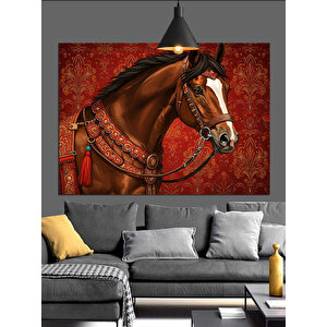 Süslü Eyerli Kahverengi At Dekoratif Kanvas - Mdf Ahşap Tablo 50x70 cm