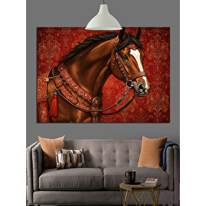 Süslü Eyerli Kahverengi At Dekoratif Kanvas - Mdf Ahşap Tablo