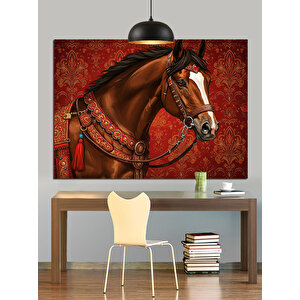 Süslü Eyerli Kahverengi At Dekoratif Kanvas - Mdf Ahşap Tablo